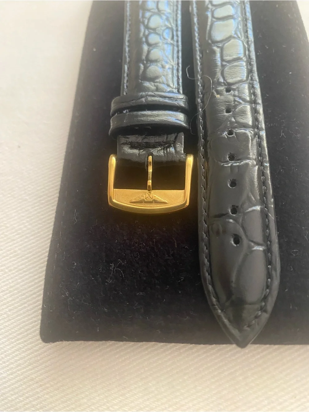 Longines 20mmBlack Croc-Embossed Leather Watch Strap with Gold Plated Buckle